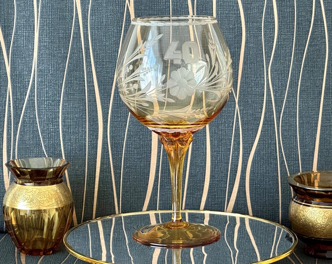 Elegant Rare Amber-Colored Glass Fougere Wine Glass for 40th Anniversary - Engraved Flower Detail