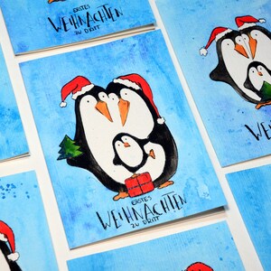 PINGUINFAMILIE - handgemalte Weihnachtskarte mit individuellem Schriftzug