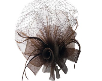 Medium Sinamay Double Flower Net Birdcage Hat Fascinator Hair Comb. Purple Or Brown.