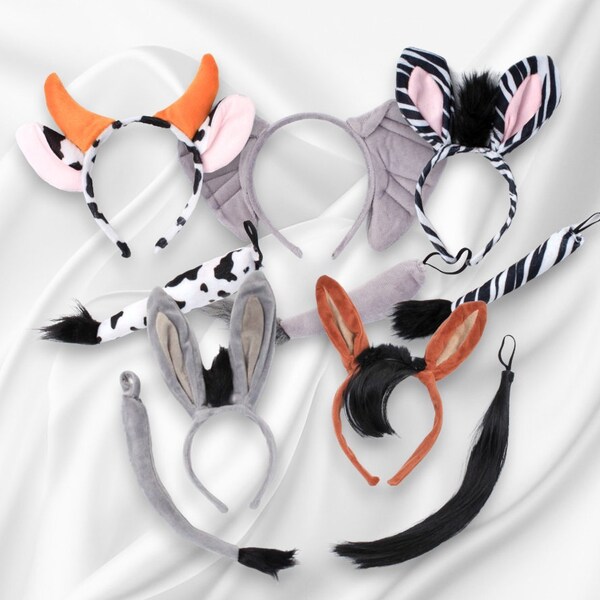 Novelty Animal Ears & Tail Set, Alice Hair Band Headband Fancy Dress Party, Horse, Donkey, Elephant, Zebra, Fox, Cow, Dog, Lion, Adult, Kids