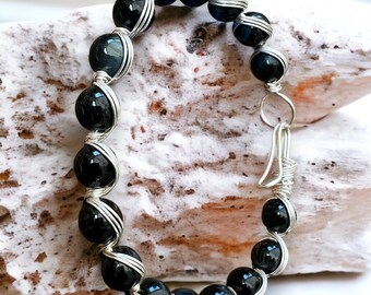 Blue Tigers Eye Crystal Bangle, Silver Wire Wrapped Bracelet, Protection Stone