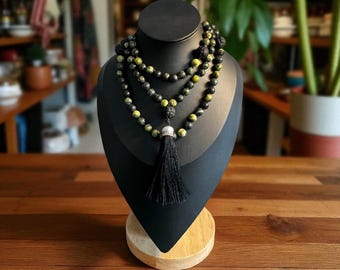 Handmade Serpentine Mala Beads, Lotus Ball, Protection Prayer Beads, Hand Knotted