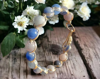 Blue Aventurine Crystal Bracelet, Silver Wire Wrapped Bangle, Inner Strength Crystal