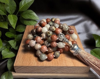 Golden Mica Mala Prayer Beads, Hand Knotted Silk Tassel