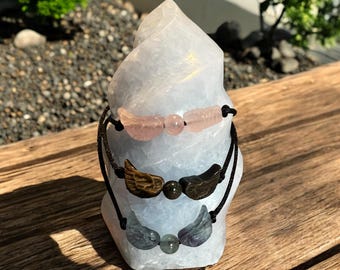 Crystal Angel Wings Cord Bracelet, Rose Quartz, Obsidian, Fluorite