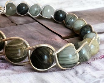 Green Grass Jasper Bracelet, Silver Wire Wrapped Bangle