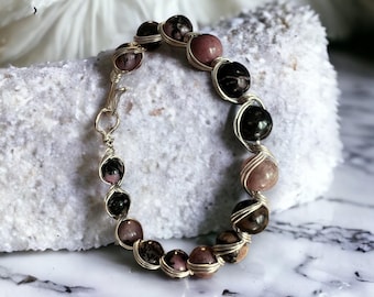 Rhodonite Crystal Bracelet, Silver Wire Wrapped Bangle, Healing Gemstone Beads