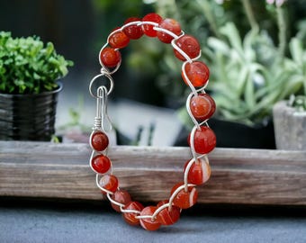 Red Lace Agate Crystal Bracelet, Silver Wire Twisted Bangle, Muscle Repair Crystal