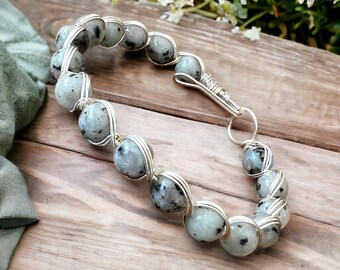 Kiwi Jasper Crystal Bracelet, Silver Wire Wrapped Bangle, Mood Swing  Balancing Bangle
