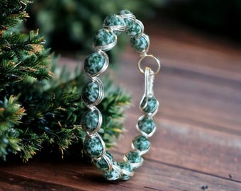 Green Dot Jasper Crystal Bracelet, Silver Wire Wrapped Bangle, Harmony Bangle
