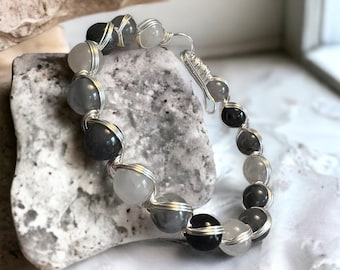 Cloudy Quartz Crystal Wire Bangle, Grounding Crystals, Silver Wire Wrapped Bracelet