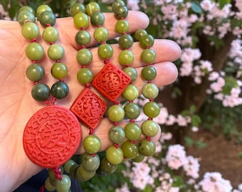 Green Jade Mala Necklace, Cinnabar Crystal, Hand Knotted 108 Beads