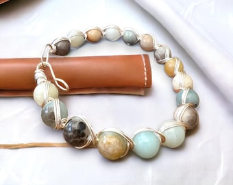 Amazonite Crystal Bracelet, Silver Wrapped Wire Bangle, The Hope Stone, Emotional Balancing