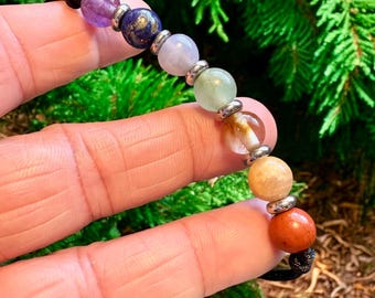 7 Chakra Crystal Bracelet, Natural Gemstone Beads, Adjustable Cord