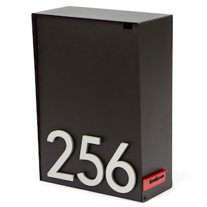 May include: Black mailbox with a silver number "256" on the front. The mailbox has a red flag.