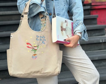 Le Petit Prince Bag, Large Book Tote Bag, Embroidered Shoulde Bag, Gift For Reader,