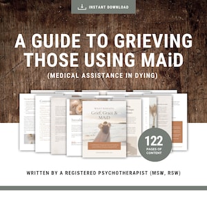May include: A guide to grieving those using MAiD, with 122 pages of content. The book cover features a photo of a couple embracing on a beach. The text includes "What Remains: Grief, Grace & MAiD" and "Written by a Registered Psychotherapist."
