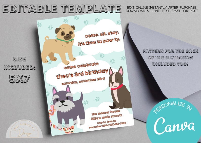 Puppy Dog Birthday Themed Party Invitation Etsy