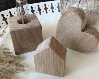 3er Set aus Eichenholz | bestehend aus Holzherz, Holzwürfel und Holzhäuschen | handgefertigte Unikate, Deko Holz,Geschenk für deine Liebsten