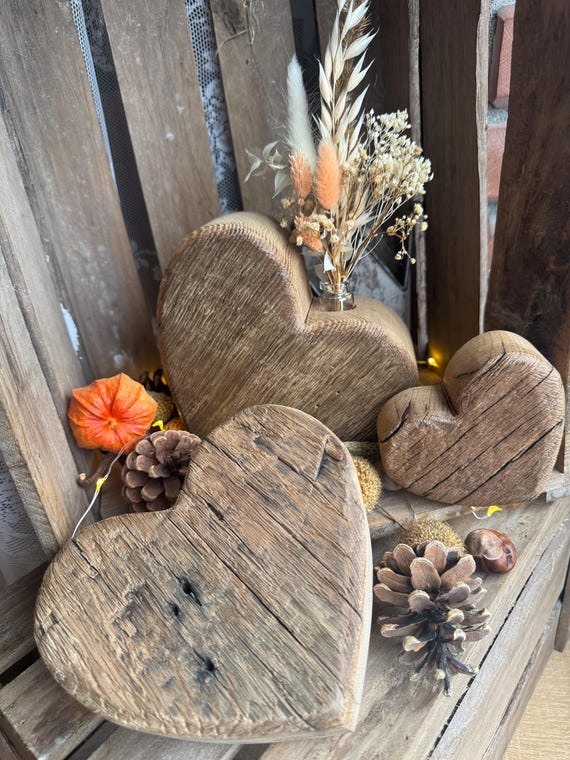 Reclaimed Oak Wood Decorative Hearts, Heart-shaped Vase Made From