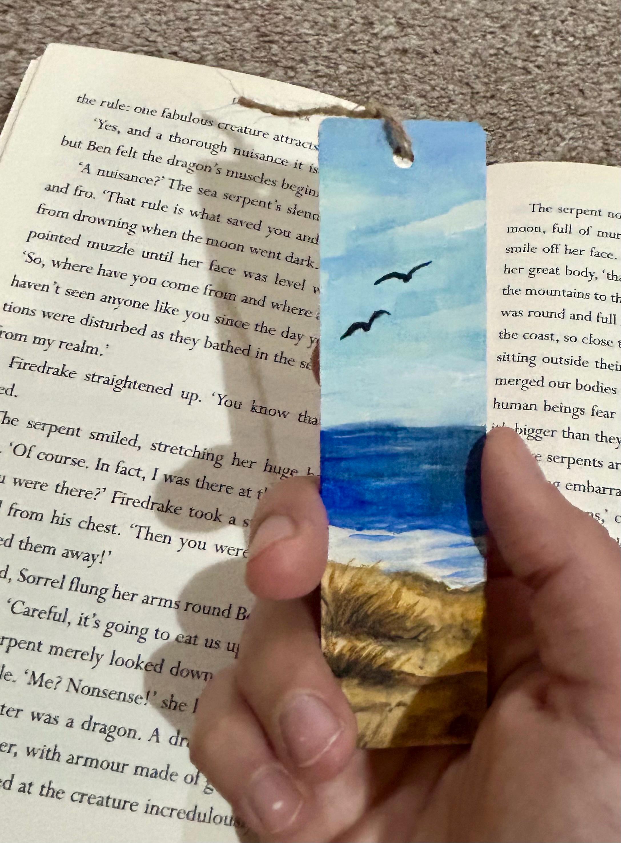 Hand Painted Wooden Bookmark, Sandy Beach, Waves, Sea, Birds, Seascape ...