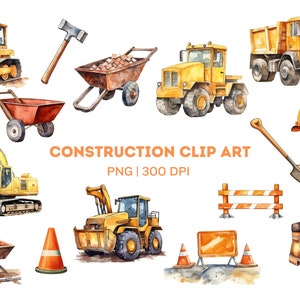 Pacote de clipart de construção, veículos aquarela escavadeira escavadeira caminhão basculante bulldozer capacete PNG uso comercial construtor arquivos de clipart