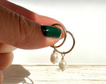 Handmade Pearl Hoop Earrings: 14k Gold-Filled, Freshwater Pearl