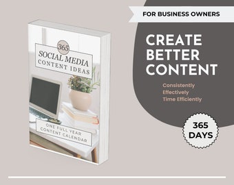Op de afbeelding: Een boek getiteld "365 Social Media Content Ideas" met een laptop, plant en boeken op een tafel. De boekomslag bevat de tekst "One Full Year Content Calendar". De afbeelding bevat ook de tekst "Create Better Content" en "365 Days".
