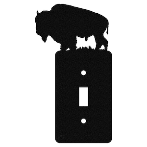 May include: Black metal light switch cover with a silhouette of a bison standing on a grassy field.