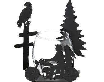 Motorcycle Riding Couple with Eagle and Pine Tree Candle Holder
