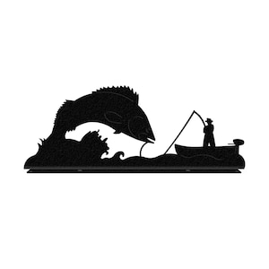 May include: Black metal silhouette wall art depicting a fisherman in a boat reeling in a large fish.
