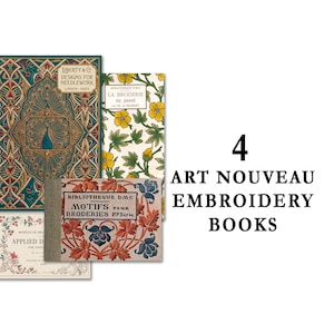 Peut inclure: Quatre livres présentant des motifs de broderie complexes. Une couverture affiche un paon avec le texte Liberty & Co Designs for Needlework. Une autre montre des fleurs jaunes, une présente des bordures florales avec Applied Designs, et une autre des feuilles avec Motifs pour Broderies.