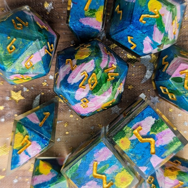 Hand Painted Monet's Water Lillies Polyhedral Dice For D&D and TTRPG