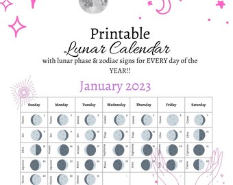 Könnte beinhalten: Druckbarer Mondkalender für Januar 2023 mit Mondphasen und Sternzeichen für jeden Tag. Der Kalender ist mit einem Halbmond, Sternen und Händen illustriert, die zum Himmel greifen.