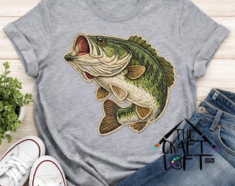 Bass Fisch Faux Stickerei PNG & JPG |Largemouth Barsch Aufnäher Stil | Digitaler Download