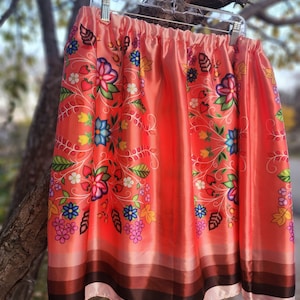 Orange Large Ojibwe Floral Motif Satin Knee-Length Skirt