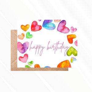Carte d’anniversaire thème Heart Water Color / Téléchargement instantané et carte de tente imprimable / Carte d’anniversaire pour elle