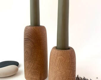 Bougeoirs coniques tournés à la main en chêne blanc – Lot de 2 | Décoration d'intérieur minimaliste rustique