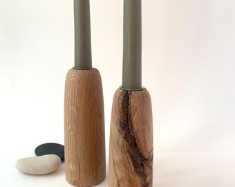 Bougeoirs coniques tournés à la main en chêne blanc – Lot de 2 | Décoration d'intérieur minimaliste rustique