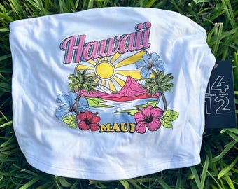 Hawaii Maui Embroidered Tube Top, Strapless Tube Top, Fitted Tube Top, Gift for Her, Y2K Tube Top, Sexy Tube Top, White Tube Top