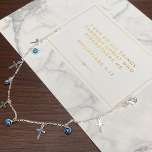 Sterling Silver 925 Dainty Evil eye and Cross Charms Bracelet, Gift Idea, Sterling Silver Bracelet, Evil Eye, Faith Bracelet