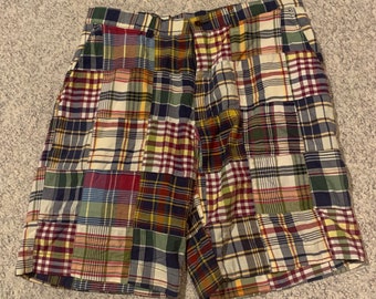 Madras men’s designer patchwork madras cotton shorts, vintage 2000’s, gently worn, size 34” waist, 7.5” inseam