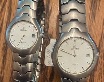 Vintage matching men’s and women’s name brand wristwatches, never worn in excellent condition