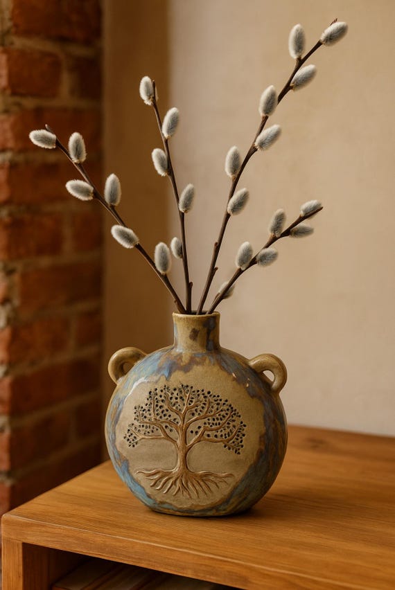 Ceramic vase with tree of life – hand-formed unique piece in natural tones – clay vase for dried and fresh flowers, 35 cm