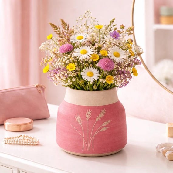 Handmade pink ceramic flower vase – small, bulbous vase with a grass pattern, modern decorative vase for flowers, unique gift idea | RP 001