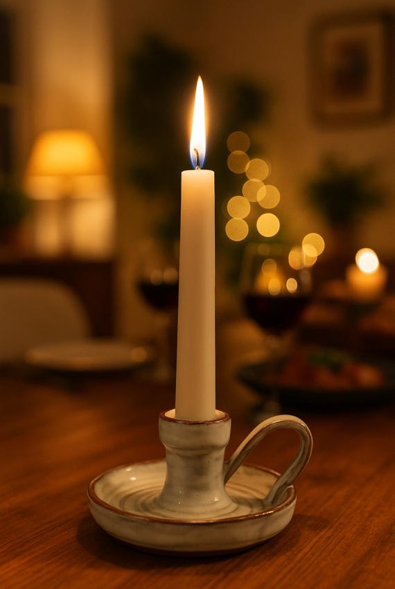 Hand-made ceramic candle holder – white glazed, brown clay, small candlestick with handle, unique piece for taper candles