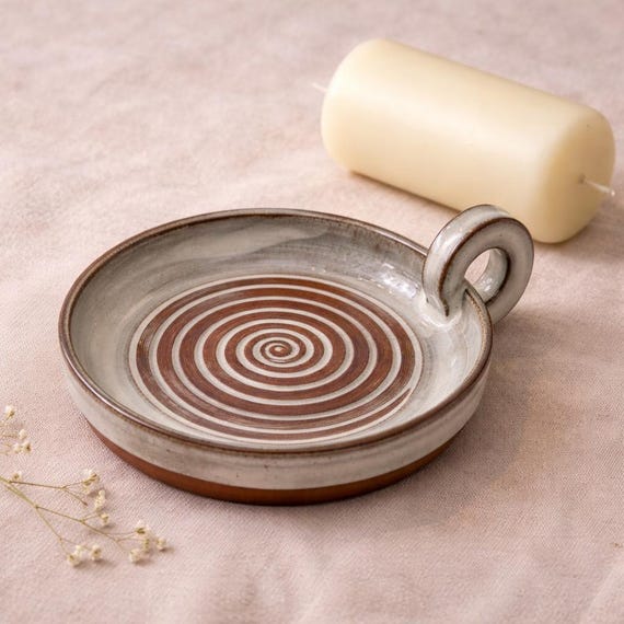 Handmade ceramic candle plate - patterned plate for pillar candles, minimalist table decoration, decorative ceramic plate gift idea