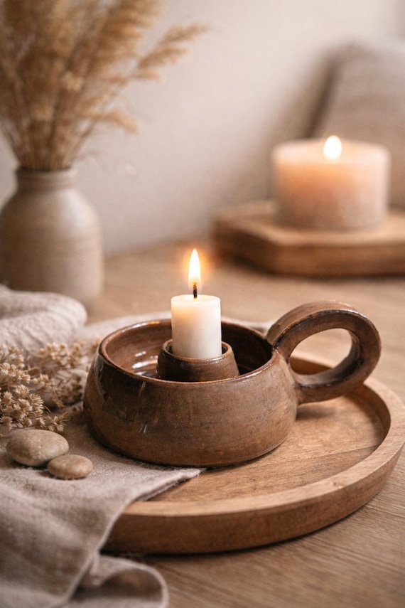 Handmade brown ceramic candle holder with milk glaze – Modern candlestick for taper candles, gift idea for the home