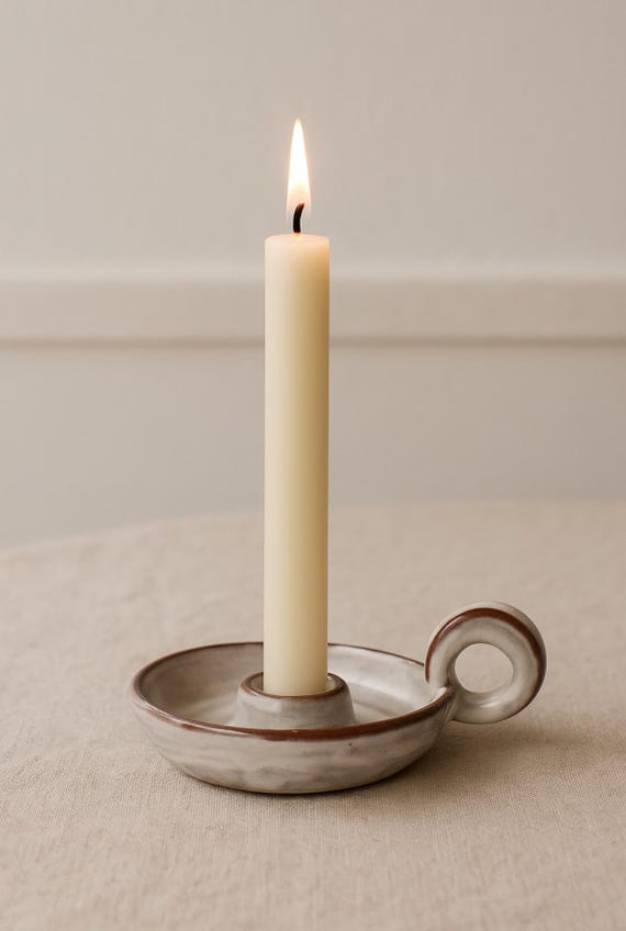 Candle holder plate with handle – hand-made, white glazed – ceramic candle holder