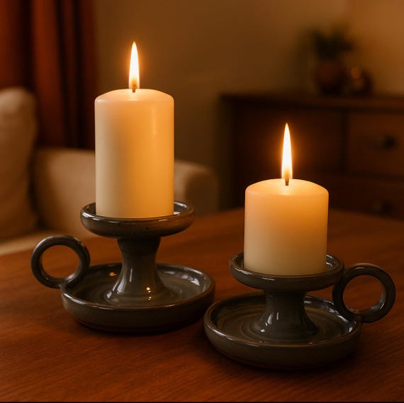 Candle holder for pillar candles – hand-made, grey glazed with speckles, 2 sizes, unique piece with handle